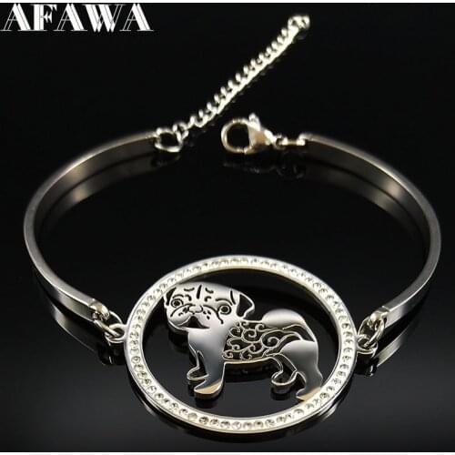 2021 New Fashion Pug Dog Crystal Stainless Steel Bracelets Bangles for Women Silver Color Bangles Jewelry jonc bracelet B18329