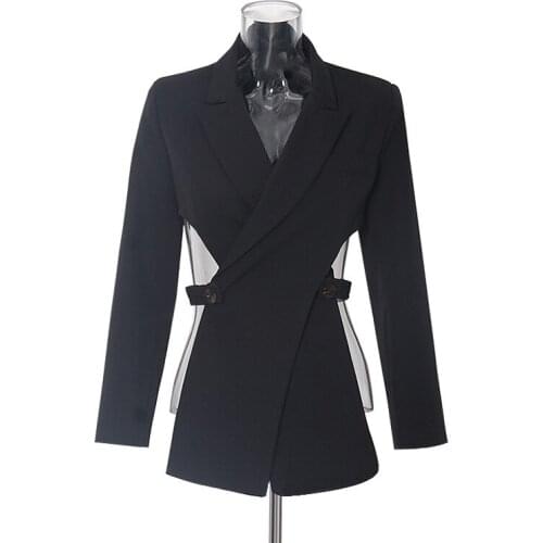 Women Black Cross Bandage Short Irregular Blazer New Lapel Long Sleeve Loose Casual White Suit Jacket Fashion Spring Autumn 2021