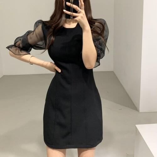 New 2021 Spring Vintage Elegant Women Mini Dress Wild Mesh Splicing Woolen Dress Female Solid High Waist Party Dress Office Lady
