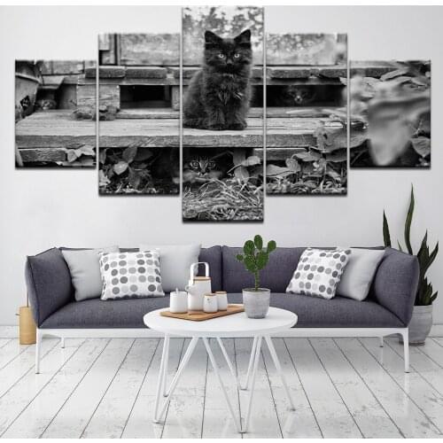 5 Panels Animal Painting On The Wall Black Cat Art Pictures Wall Panels Home Decor Modular Pictures For Living Room Frame poster