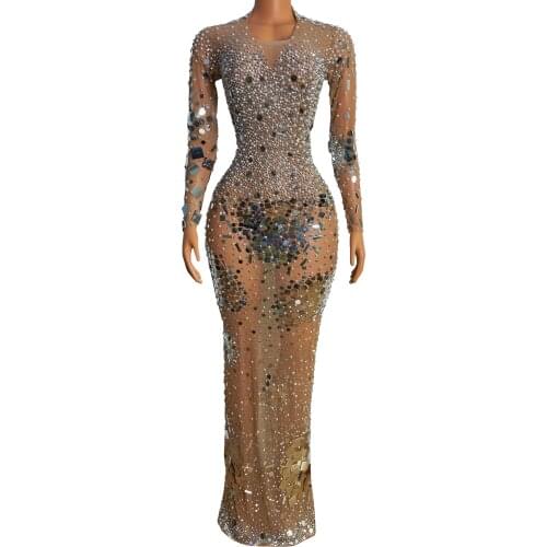 Flashing Silver Rhinestone Mirror Transparent Dress Dance Pearls Costume Celebrate Outfit Prom Birthday Long Dress