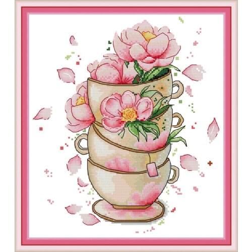 Flower on coffee cup cross stitch kit aida 14ct 11ct count print canvas cross stitches needlework embroidery DIY handmade