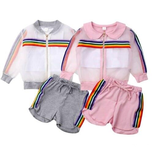 Toddler Kid Baby Girl Rainbow Mesh Coat+Vest+Short Pant 3pcs Cover-up Outfit Clothes Summer US