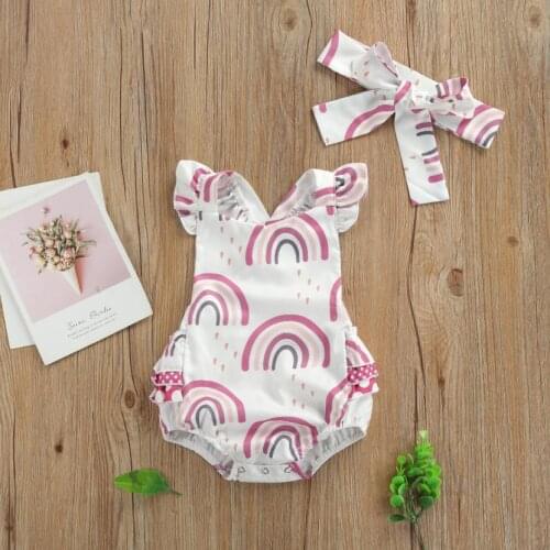 Newborn Kids Summer Outfits Baby Girl Ruffled Rainbow Print Fly Sleeve Romper Headband Baby Girls Bodysuits