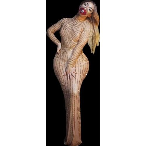 Party Birthday Celebration Perspective Rhinestone Dress Lady Sexy Evening Bodycon Long Dress Women Crystal Prom Dress Stage Wear