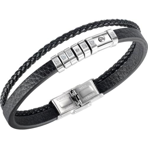 Cyue European Men Punk Black Braided Leather Charm With CZ Bracelet Stainless Steel Button Wristband Jewelry ZYLB0198