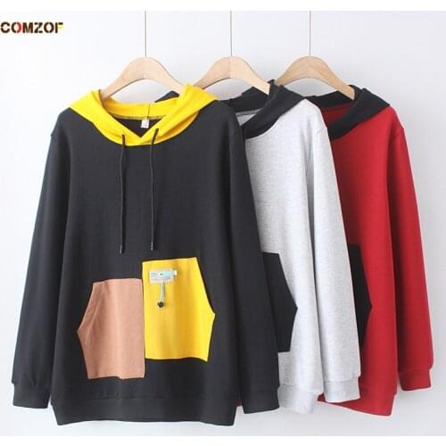 Korean Loose Women Hoodie Pullover Patchwork Pockets Long Sleeve Hooded Sweatshirt Plus Size Autumn Winter Coats Sudaderas