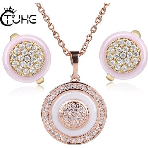2019 Fashion Pink White Women Jewelry Sets White Circle Crystal Ceramic Necklaces Earrings Sets Wedding Jewelry Christmas Gift