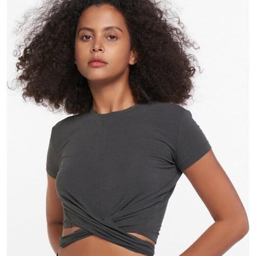 Slim Yoga Shirts Women Short Sleeve Gym Tops Fitness Running Workout Sport T-Shirts Pilates Sports Wear Hem Strap Crop Top