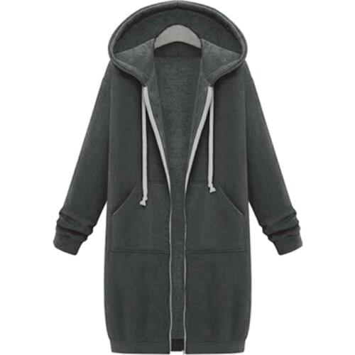 Solid Color Pocket Zipper Drawstring Hoodie Womens Casual Loose Warm Long Sleeve Street Wear Midi Length Coat