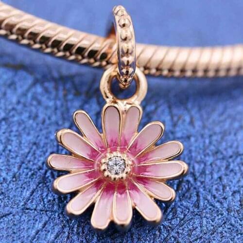 Original Pink Shaded Enamel Daisy Flower Pendant Beads Fit 925 Sterling Silver Bead Charm Bracelet Bangle Diy Jewelry