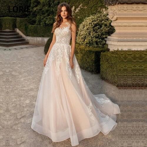 LORIE Champagne Beach Wedding Dresses Elegant Lace Apppliques Boho Bridal Gown O-neck Lace-up Princess Party Dresses Vinatge