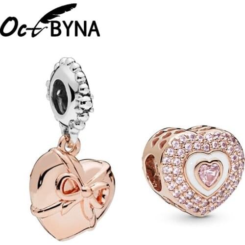 Octbyna Rose Gold Heart-shaped Crystal Charm Beads Bow-knot Pendant Fits Pandora Bracelet&Necklace Making Jewelry Accessories