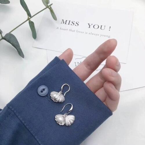 Whole Real 100% 925 Sterling Silver Drop Earrings Mussel Shell Pearl Shiny Zircon Ear Hook Oyster Ocean Style Exquisite Jewelry