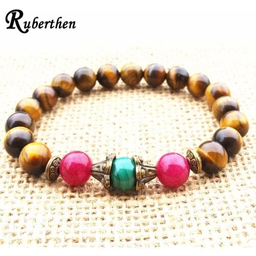 Ruberthen Genuine AAA Grade Malachite Bracelet Natural Tigers Eye Yoga Meditation Bracelet Wrist Mala Buddhist Spiritual Jewelry