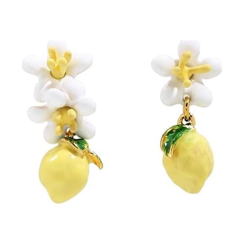 Fresh Lemon Stud Earrings Hand-painted Enamel Asymmetric Earrings Fruit Gift Good Quality Flower Jewelry