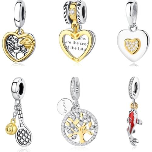 Original 100% 925 Sterling Silver Charm Bead Bee Love Heart Gold Charms Fit Pandora Bracelets Necklaces Women DIY Jewelry