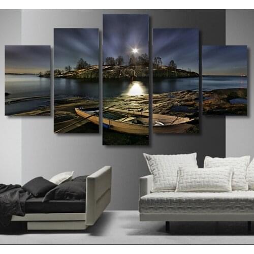 Modern Canvas Picture HD Printed Wall Art Unframed 5 Pieces Island Boat Shore Night Scenery Living Room Home Decor Painting