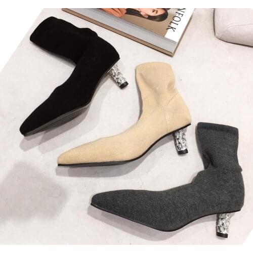 Rhinestone high heels sock boots women pointed toe knitting mid-calf booties 2020 ladies winter botas shoes weaved chelsea boots