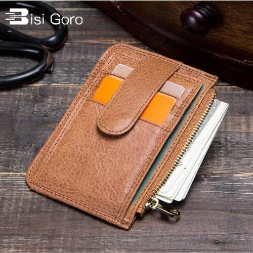 BISI GORO 2019 Genuine Leather Mini Card Holders Casual Credit Men Wallet Black Card Package Money Bag Coin Purses Card Case