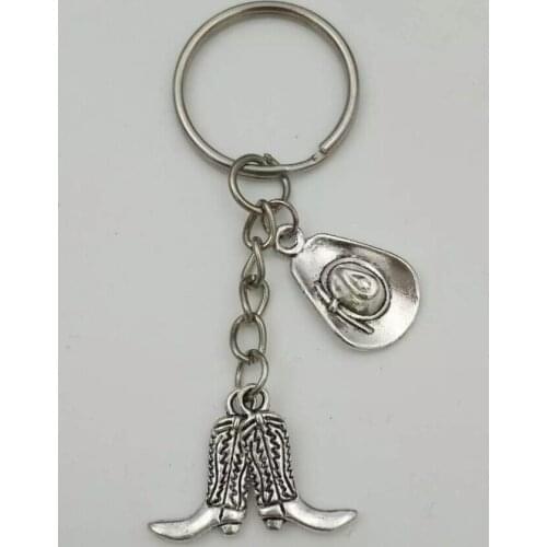 Western cowboy hat, boots-Fashion jewelry Tibetan silver charm key chain ring Keychain Gifts Fit Key Chain Z80