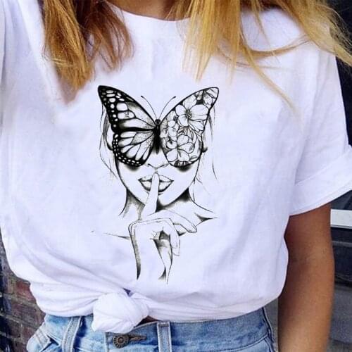 Women Graphic Fashion Butterfly Printing Cute Casual Sweet Style 90s Style Lady Print Female Clothes Tops Tees Tshirt T-Shirt