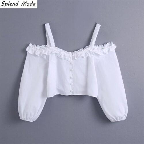 Splend Moda 2021 Summer Women Cropped Slash Neck Suspenders Puff Sleeve White Ruffle Stitching Long-Sleeve Top Solid Color Shirt