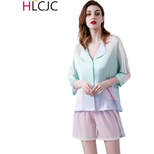 Fashion Gradient Ice Silk Pajama Sets for Women Luxury Short Sleeve Pyjamas Sleepwear Oversize Pijama With Pocket Sexy Homewear