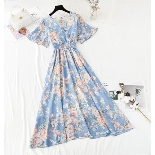 2021 Summer Dress Womens Short sleeve Chiffon Dress V-neck Elastic Waist Floral Print Beach Long Dresses Backless Sexy Vestidos