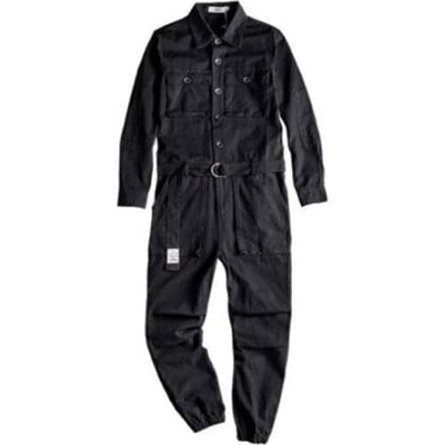 Free shipping lapel long-sleeved jumpsuit male hip-hop style men’s casual loose multi-pocket comfortable overalls black yellow