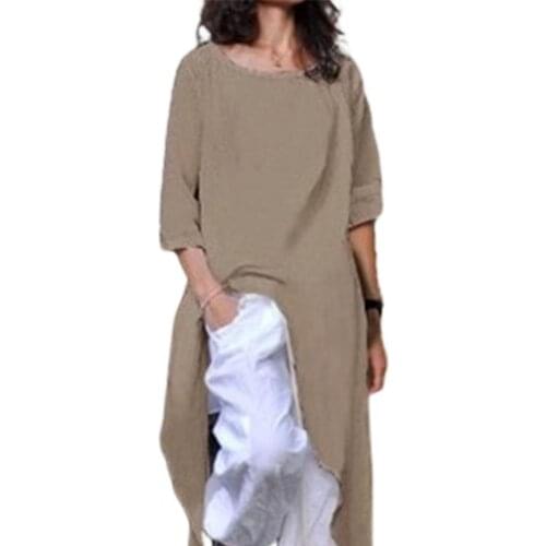 Spring/Autumn Women Loose Blouse Irregular Solid Color Cotton Flax Round Neck Half Sleeve Shirt Plus Size