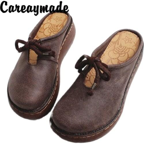Careaymade-Summer New Foreign Trade Genuine Leather Muffin Platform Muller Half Slippers Original Pure Leather Slippers Shoes