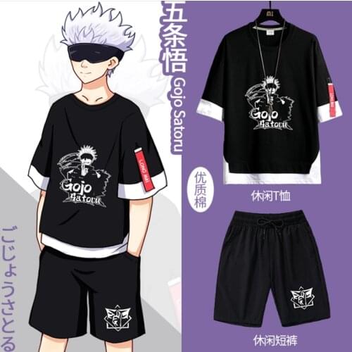 Anime Jujutsu Kaisen Gojo Satoru Fake Two Piece tshirt Male Yuji Itadori Printed Unisex Tshirt short Sleeve Mens Tshirt Casual
