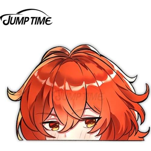 JumpTime 13 x 7.8cm Diluc Genshin Impact Anime Peeker Car Sticker Windshield Trunk Decal Refrigerator Personality Vinyl Car Wrap