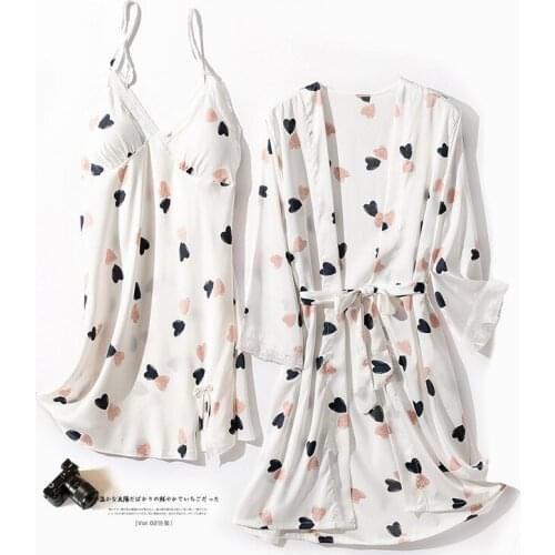 Ice Silk Satin Print Robe Sets Sexy Lace Waistband Kimono Gown Spring Summer Women Sleepwear 2PCS Strap Nighties With Chest Pads