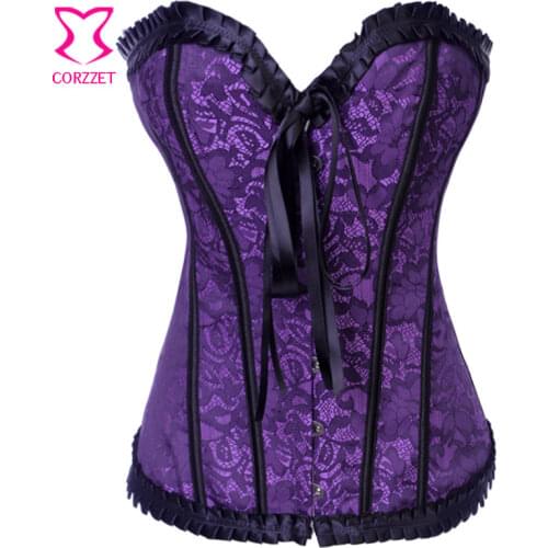 Vintage Burlesque Floral Jacquard Overbust Corset Gothic Clothing Corsets and Bustiers Sexy Corselet Women Ruffle Trim Korset