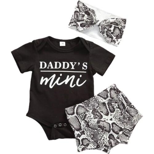 Infant Baby Girls Summer Clothes Daddys Mini Letter Print Bodysuit +Snake Skin Print Shorts + Bow Headband 3Pcs Outfits Set