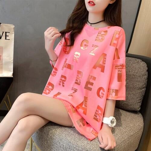 Neon Yellow Pink Long T-shirt Womens Full Letter Hollow Short Sleeve Loose O-neck Harajuku Street Top Sexy Fashion Street Wear