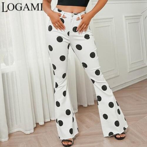 LOGAMI Dot Print Slim Flare Pants Woman White Elstic Summer Autumn Jeans for Women Vintage Jeans
