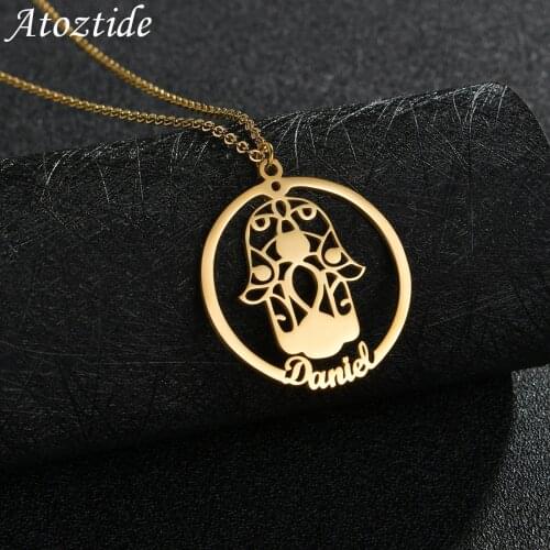 Atoztide Custom Name Pendant Personalized Necklaces Letter 4 Colors Stainless Steel Hand of Fatima for Women Jewelery Gifts