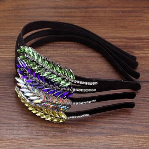 Korean Fashion Luxury Green Blue AB Crystal Leaf Hairband Gold Rhinestone Headband For Women Girls Hair Accessories