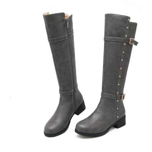 PQECFS Big size 34-43 high quality spring & autumn & winter women sweet solid buckle knee-high boots 4 colors