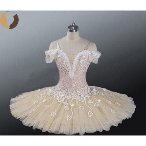 FLTOTURE Adult professional beige cream tutu girls classical ballet stage costume flower fairy ballet variation skirts tutu