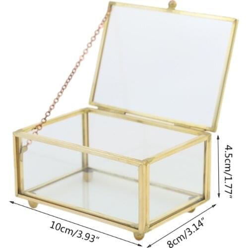 Clear Glass Rectangular Metal Jewelry Box Decorative Slanted Top Lid Shadow Box Vintage Jewelry Chest Keepsake Storage Case