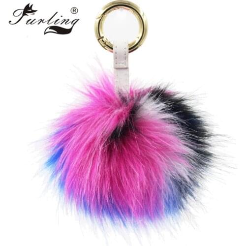 Furling 1 PC Hot Pink 10CM Fluffy Faux Fur Pom Poms Ball with Leather Belt Ring for Women Bag Charm Keychain
