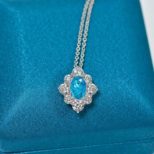 Luxury 100% 925 Sterling Silver Oval Cut Paraiba Tourmaline Created Moissanite Gemstone Engagement Pendant Necklace Fine Jewelry