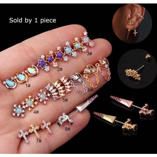 1 Piece Multicolor Stone Stainless Steel Tragus Helix Lobe Piercing 20Gauge Earrings Stud Star Moon Cross Shape