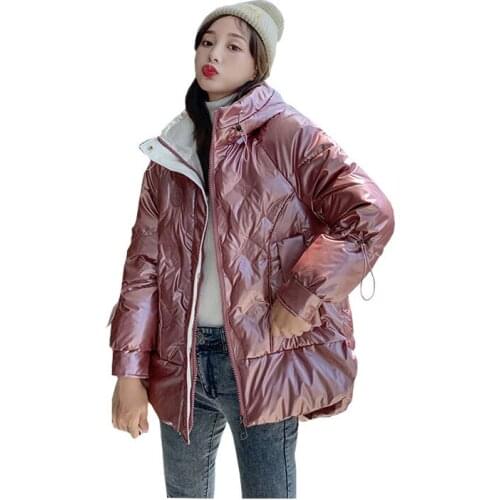 Women Short Winter Jacket Hooded Glossy Windproof Down Jacket Oversize Cotton padded Parkas Outwear Coat