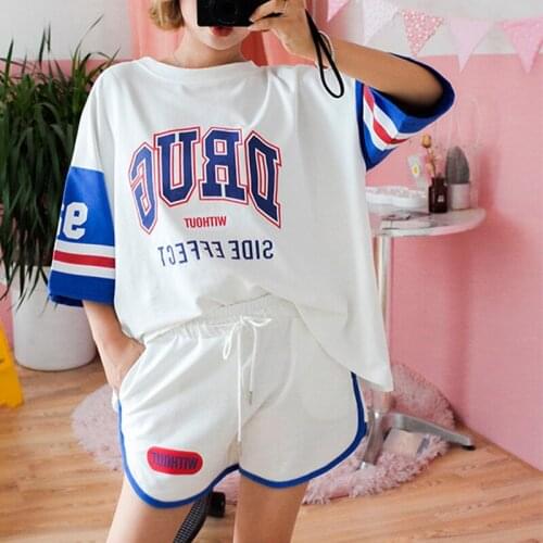 Harajuku Summer 2 Piece Shorts Sets for Girls Letter Printed Oversized T Shirts Women Korean Style 2021 New Students Large Size