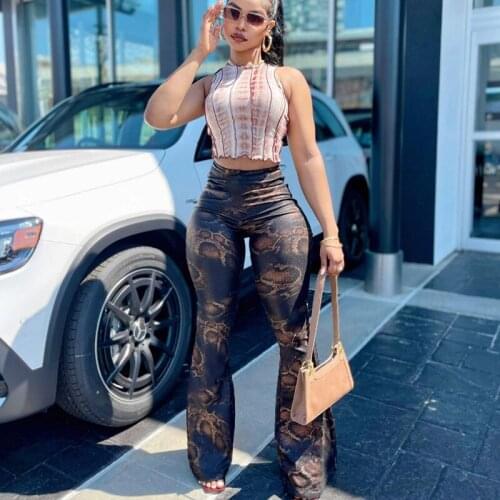 New Snake Printed Pants Women Vintage Aesthetic Elegant Casual Bottom Y2K Goth Punk Harajuku Bodycon High Waist Flared Trousers